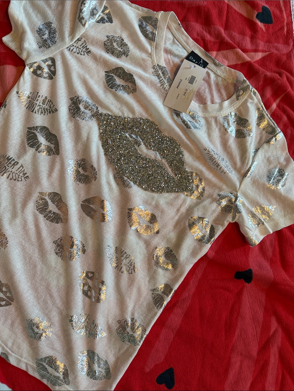 White Glitter Lip Print Tee- blingy lips , OS, NWT